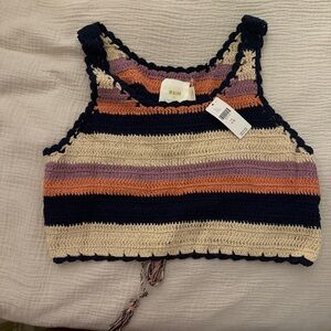 Maeve Striped Crochet Tank Top in Navy, Cream, and Pink